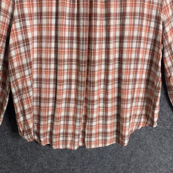Loft Button Up Shirt Women L Ruffle Buttons & Hi Neck Orange Plaid Long Sleeve - Picture 14 of 16